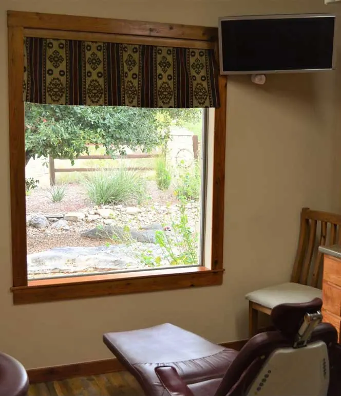 A treatment room with a dental chair beside a large window onto the garden.
